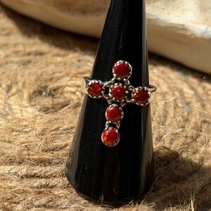 Red Opal Cross Cluster Stone Sterling Silver 925 Ring - Women’s Fashion Jewelry